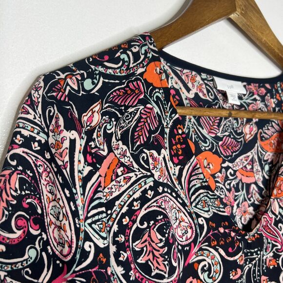 J Jill Boho Blouse Floral Paisley Bell Sleeve Navy Orange Pink M Petite - Picture 4 of 9